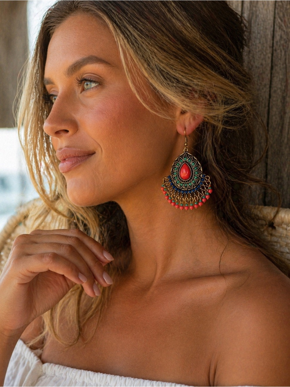 Boho Luxe Statement Earrings Red Turquoise Gold Festival Resort Chic - Picture 3 of 5